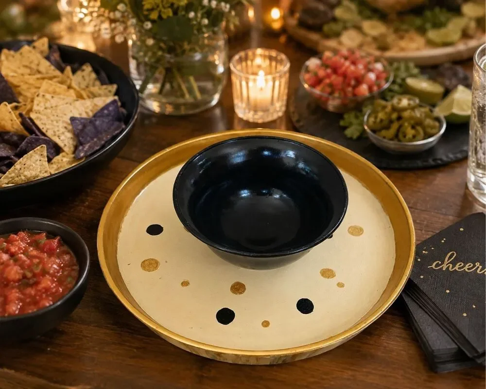 Bowl & 12” polka dot platter combo black gold and cream color